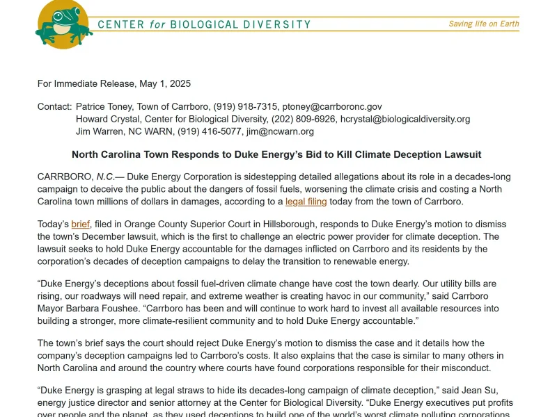 North Carolina Town Responds to Duke Energy’s Bid to Kill Climate Deception Lawsuit