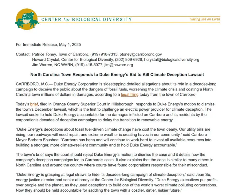 North Carolina Town Responds to Duke Energy’s Bid to Kill Climate Deception Lawsuit