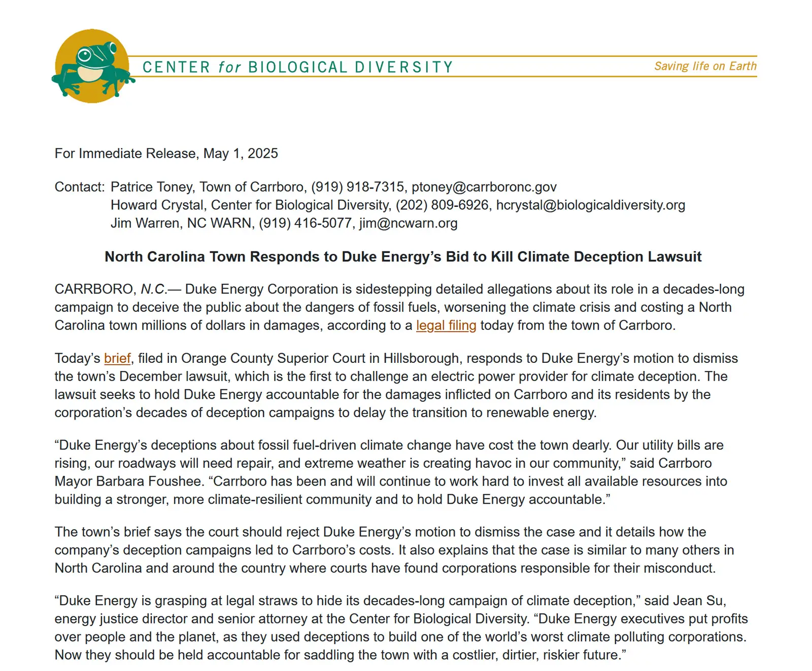 North Carolina Town Responds to Duke Energy’s Bid to Kill Climate Deception Lawsuit