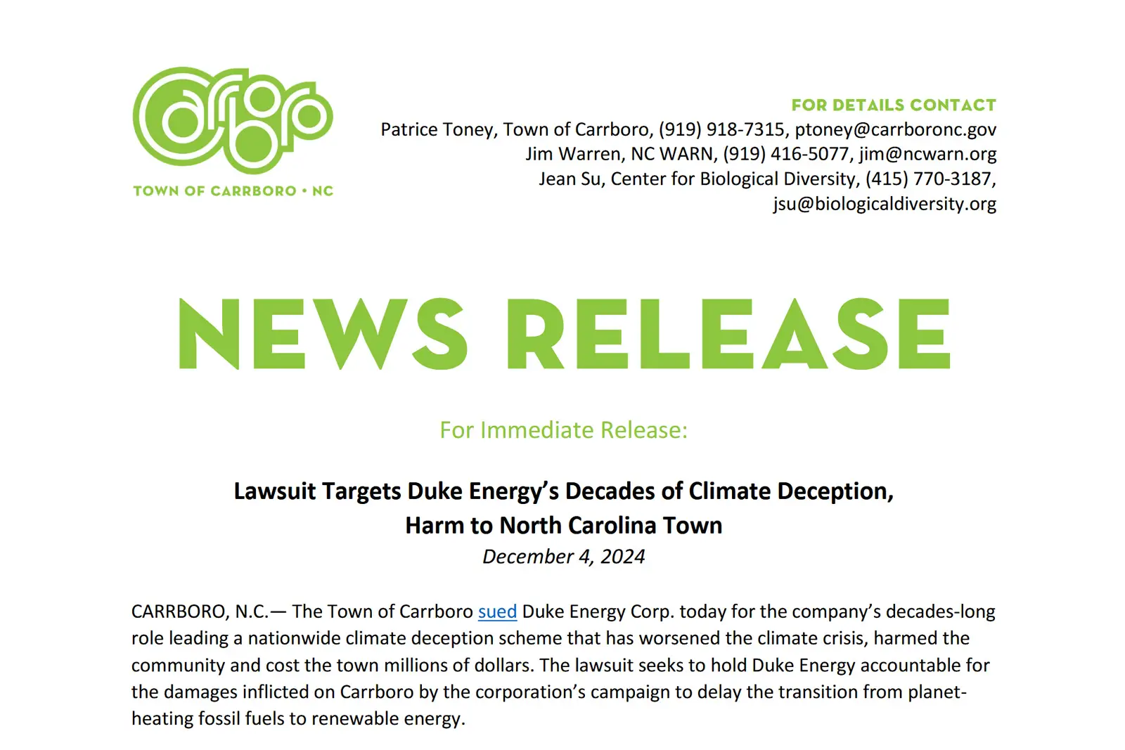 Lawsuit Targets Duke Energy’s Decades of Climate Deception, Harm to North Carolina Town